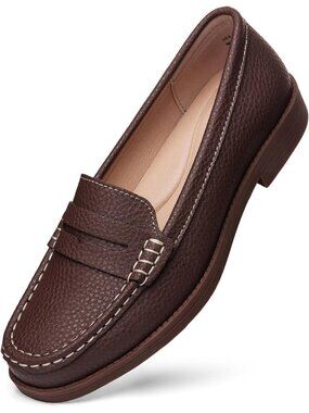 Women's Coffee Textured Leather Penny Loafers Slip On Comfortable Walking Shoes